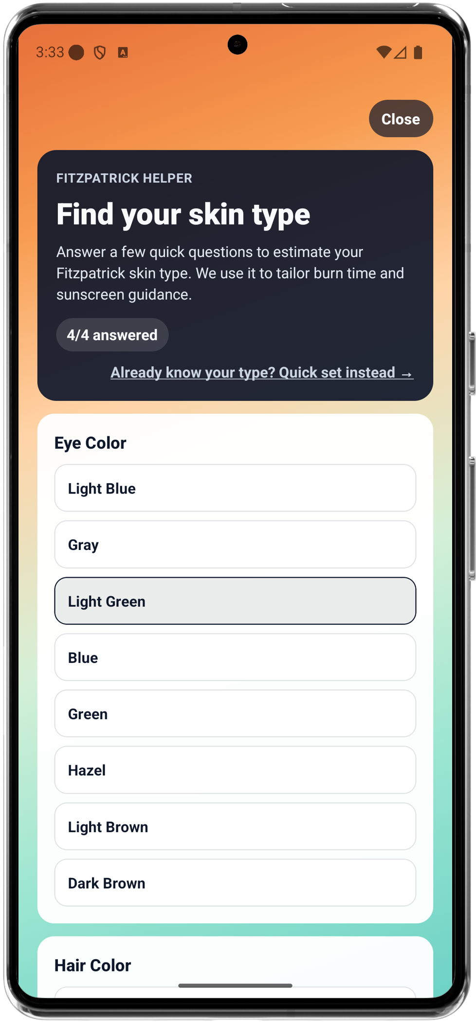 UVLens skin type screen